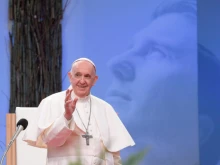 Pope Francis addresses young people at Lokomotiva Stadium in Košice, Slovakia, Sept. 14, 2021.
